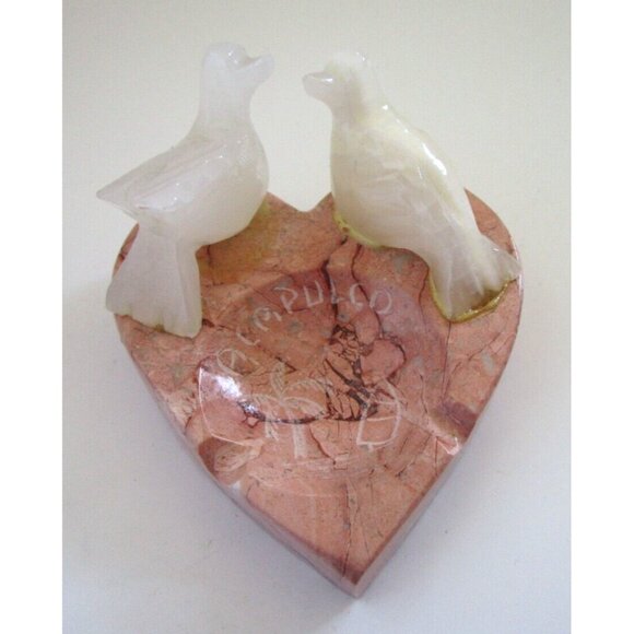 Mexican Souvenir White Alabaster Birds Pink Granite Stone Heart Ashtray Handmade - Picture 1 of 11